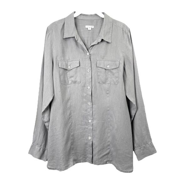 J. Jill love linen button down shirt Sz M gray neutral - Picture 1 of 6